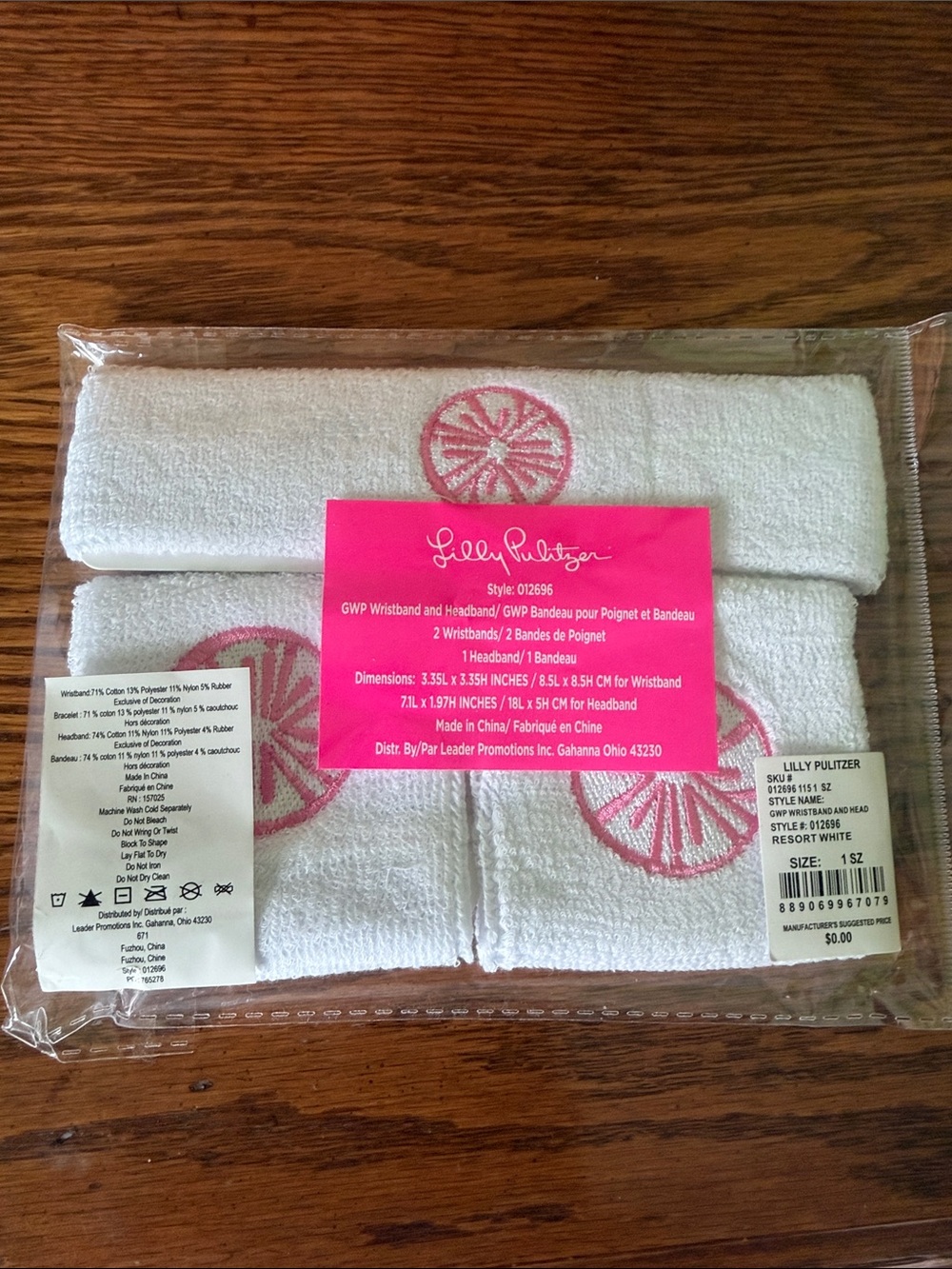 Lilly Pulitzer White Wristbands and Headband Set with Pink Embroidery